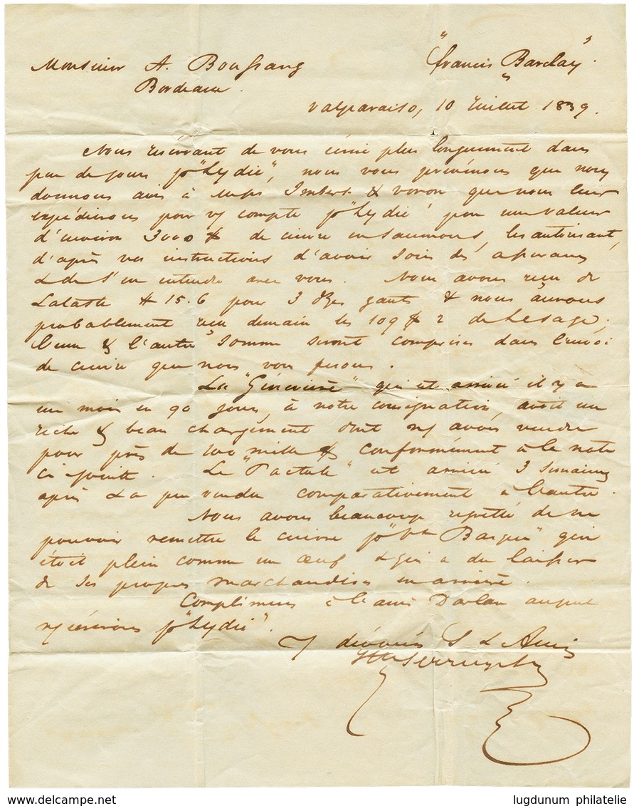 1296 "INDIA LETTER LIVERPOOL - VALPARAISO" : 1839 INDIA LETTER LIVERPOOL On Entire Letter Datelined "VALPAISO (CHILE)" T - Sonstige & Ohne Zuordnung