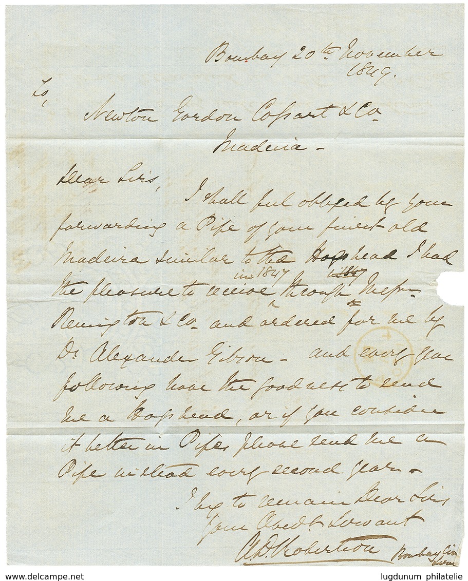 1297 "INDIA To MADEIRA ISLAND" : 1849 Red Oval INDIA + Tax Marking On Entire Letter From BOMBAY To MADEIRA. RARE Destina - Autres & Non Classés