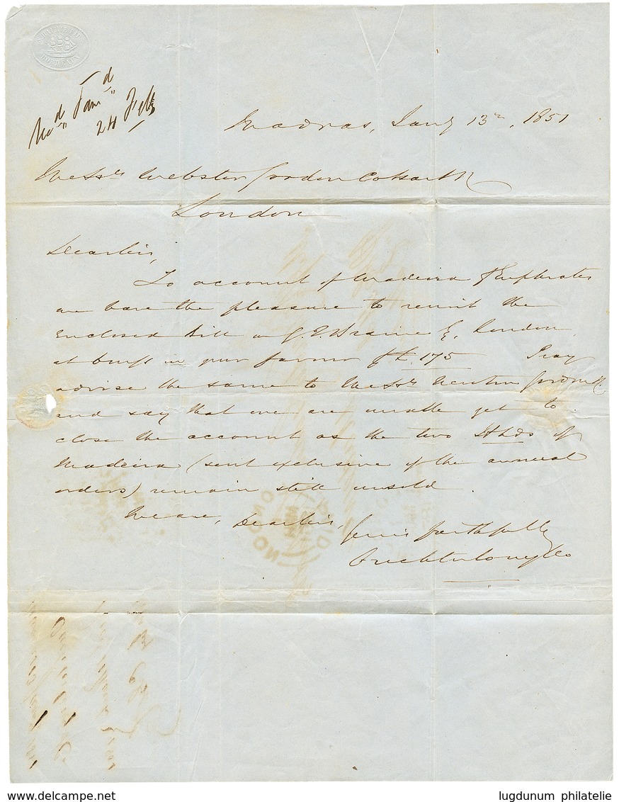 1298 1851 "240" Portuguese Tax Marking + LONDON PAID On Entire Letter From MADRAS To MADEIRA. RARE. Vvf. - Autres & Non Classés