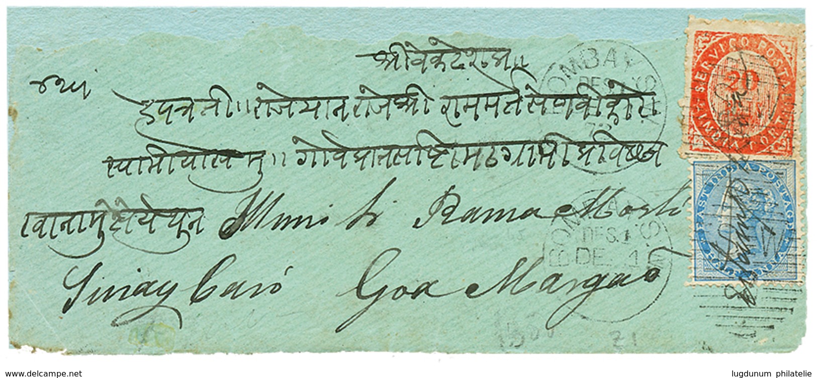 1303 1872 INDIA 1/2a + PORTUGUESE INDIA On Cover To GOA MARGAO. Verso, TOO-LATE + SAWANTWAREE + PANGIN. Vf. - Autres & Non Classés