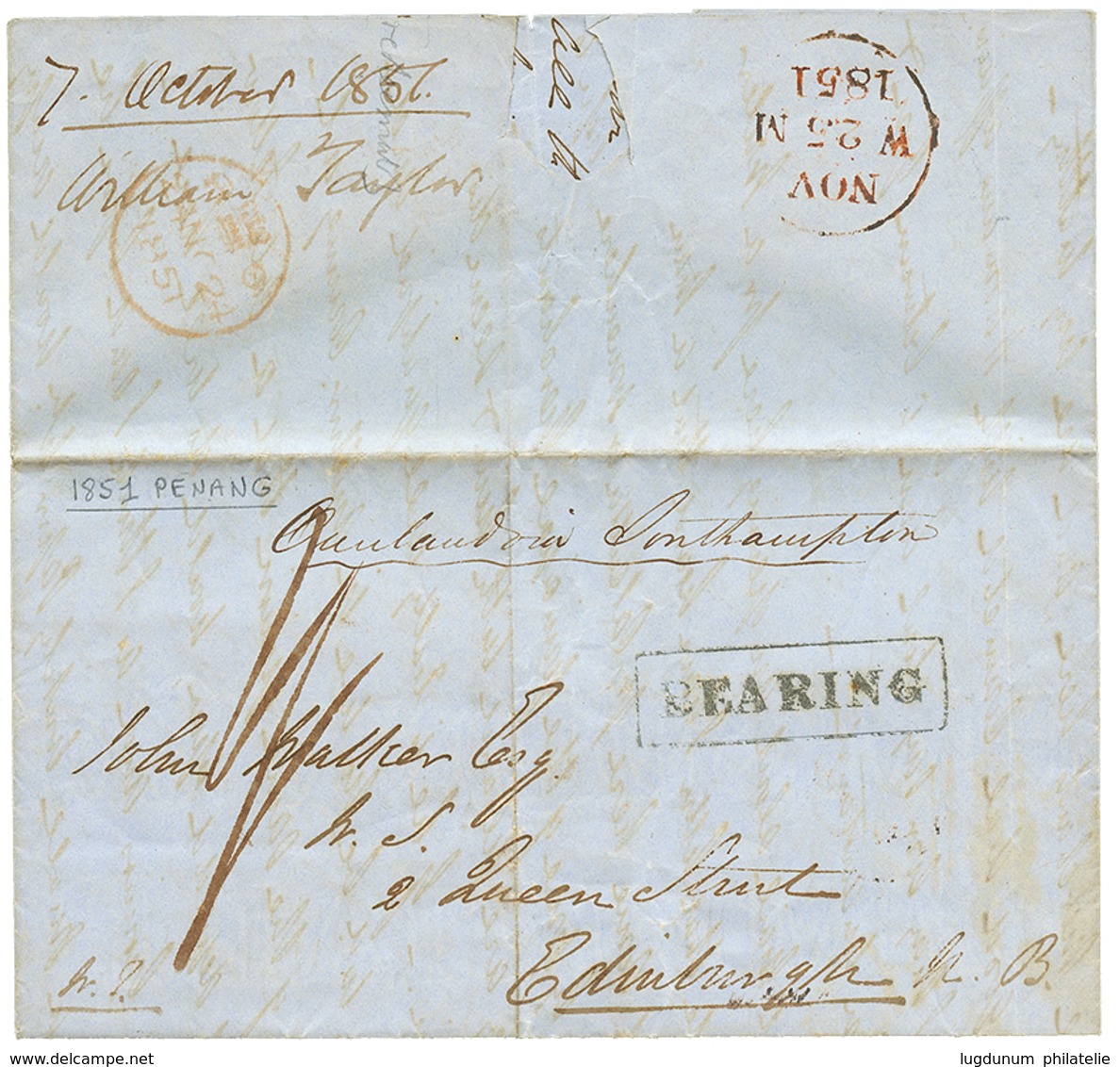 1310 MALAYA : 1851 Boxed Cachet BEARING + Tax Marking On Entire Letter From PENANG To SCOTLAND. Vvf. - Autres & Non Classés
