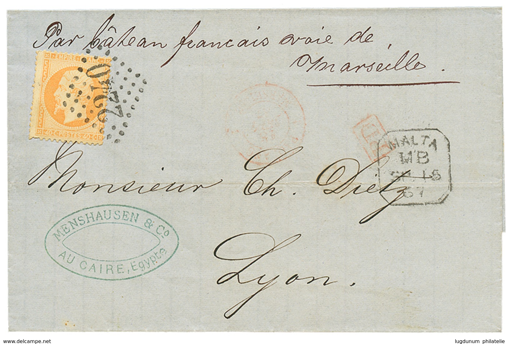 1314 1867 FRANCE 40c Canc. GC 2240 + Boxed MALTA/M.B On Cover From CAIRO (EGYPT) To FRANCE. Vvf. - Malta (...-1964)