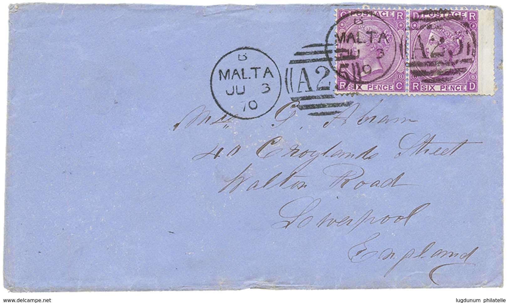 1316 1870 Pair 6d (pl. 8) Canc. A25 + MALTA On Envelope To ENGLAND. Superb. - Malta (...-1964)