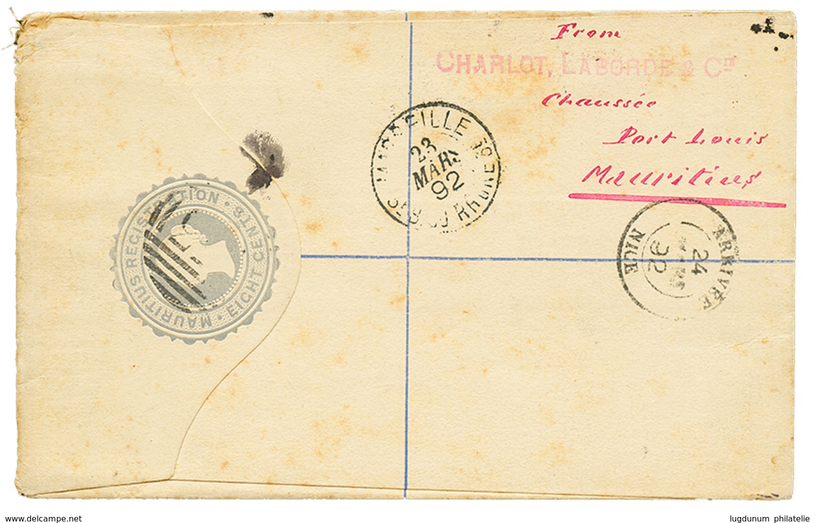 1318 1892 16c Canc. B53 + REGISTERED MAURITIUS On REGISTERED-LETTER(8c) Via ZANZIBAR To FRANCE. Vvf. - Maurice (...-1967)