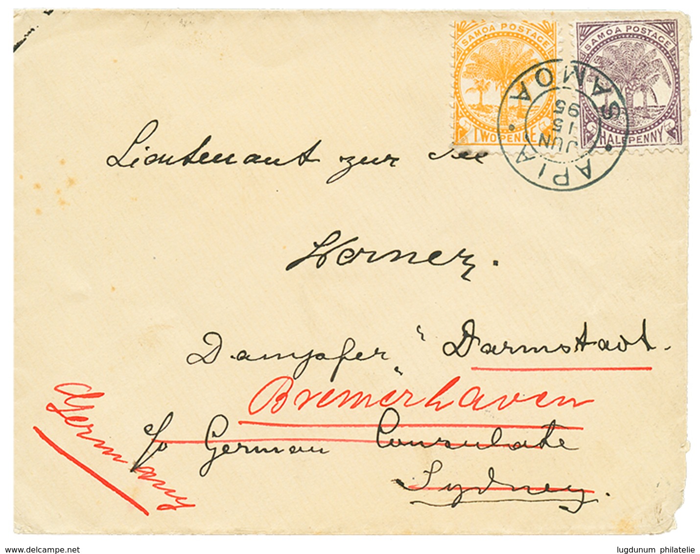 1321 SAMOA - DAVIS POST : 1895 1/2p + 2d Canc. APIA SAMOA On Envelope To "DAMPFER DARMSTADT" C/o German CONSULATE SYDNEY - Autres & Non Classés