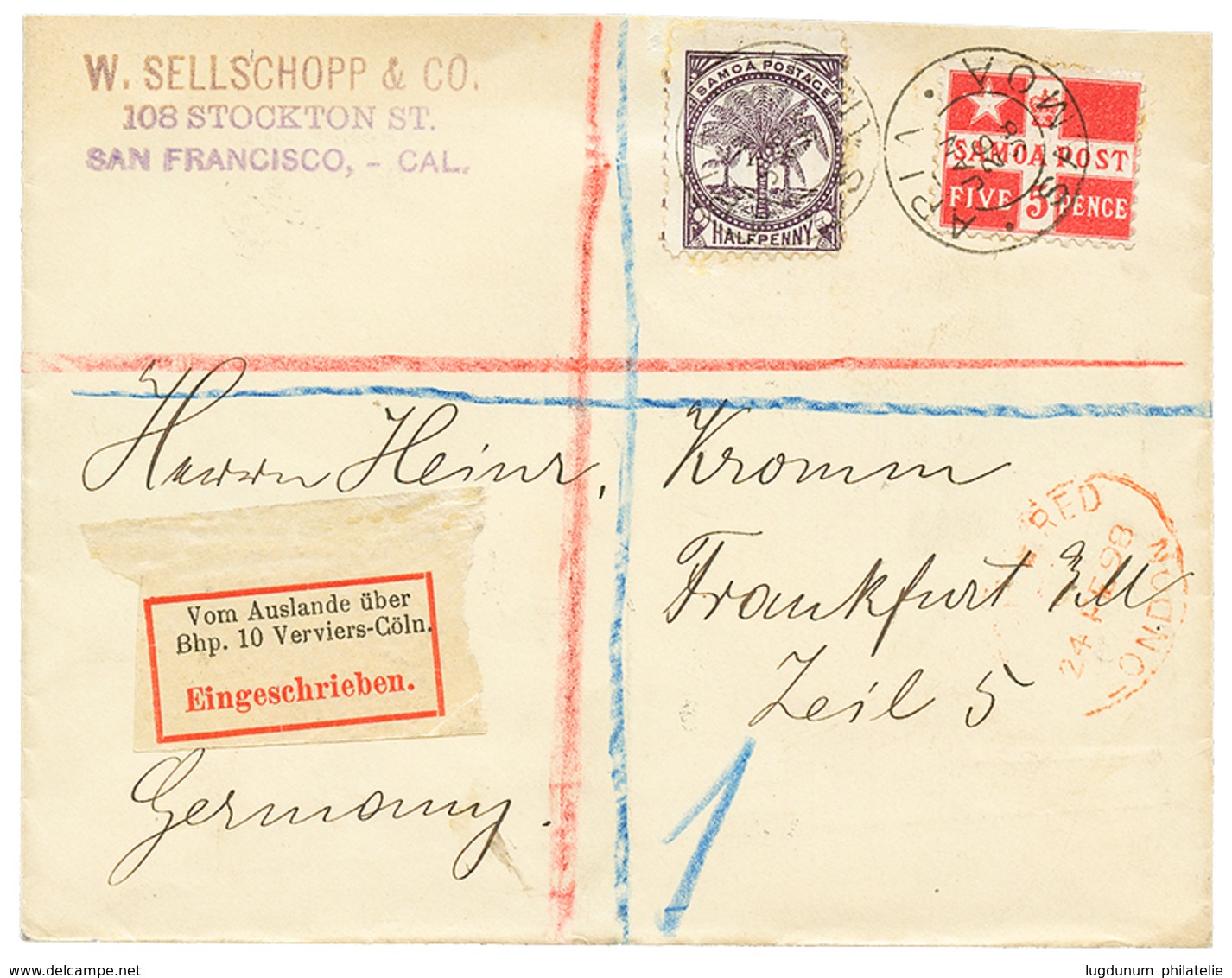 1324 "SAMOA - DAVIS POST" : 1898 5p + 1/2p Canc. APIA SAMOA On REGISTERED Envelope To GERMANY. Vvf. - Other & Unclassified