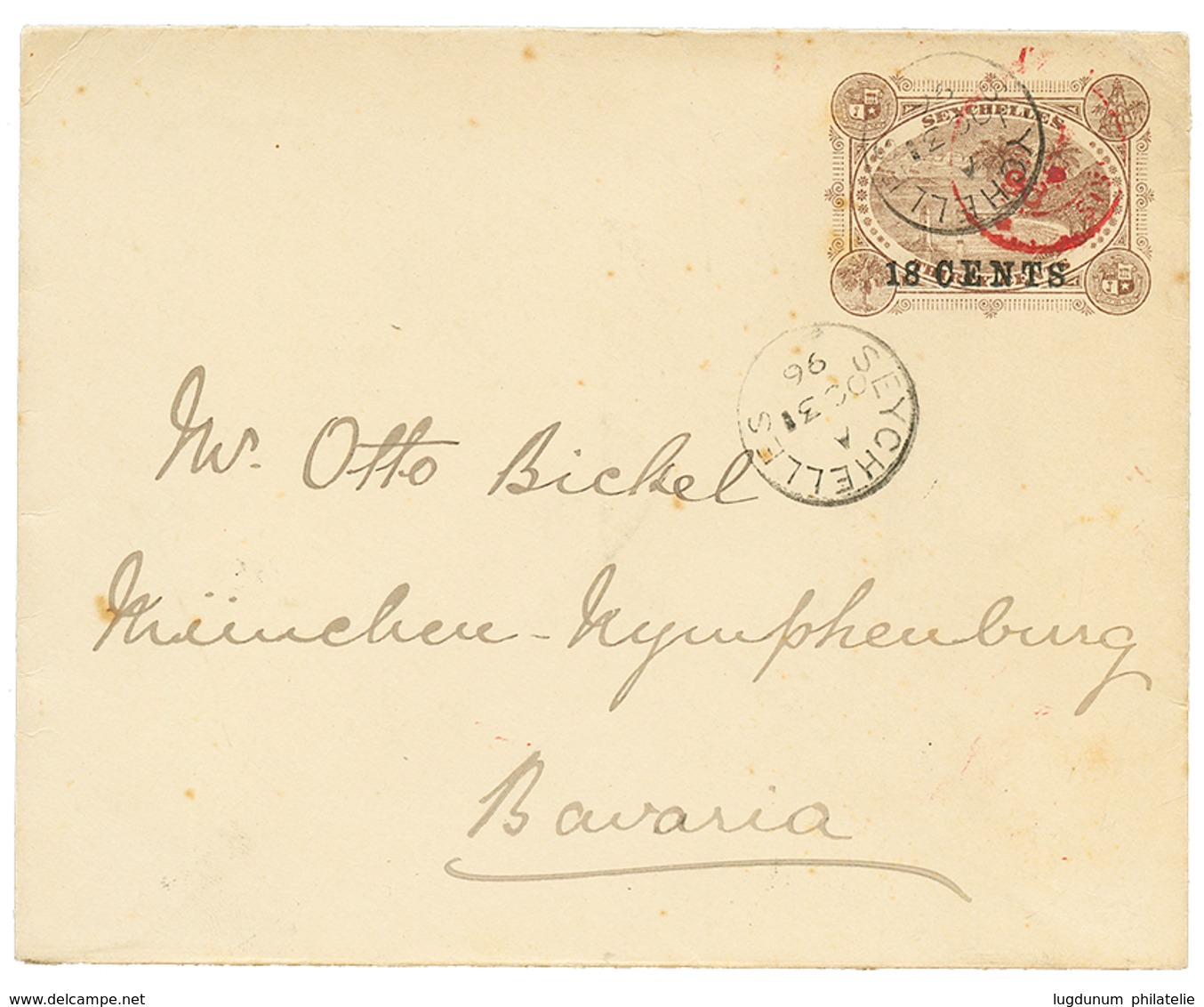 1328 1896 P./Stat 18 CENTS On 30c Canc. SEYCHELLES To BAVARIA. Vvf. - Seychelles (...-1976)