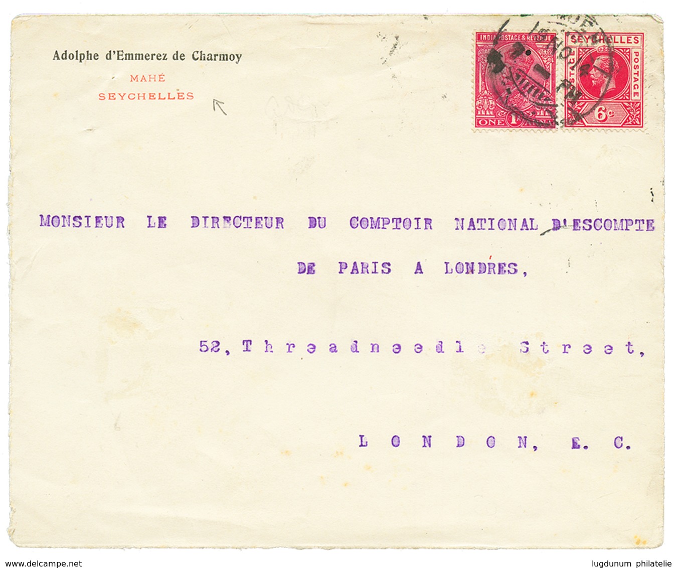 1331 1914 Mixt SEYCHELLES 6c + INDIA 1a Canc. ADEN On Comercial Envelope From MAHE SEYCHELLES To LONDON. Rare Combinatio - Seychellen (...-1976)