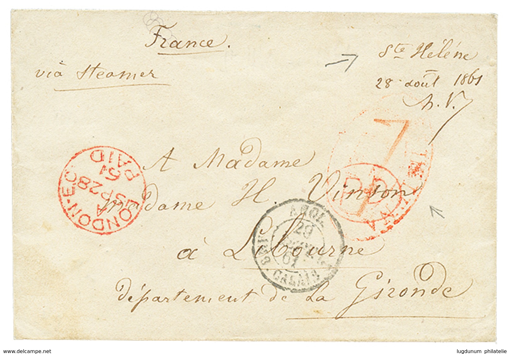 1337 "STE HELENA" : 1861 Red Cachet ST HELENA (rare At This Date) + PD + Manuscript Mark "STE HELENE 28 Aout 1861 + Sign - Altri & Non Classificati