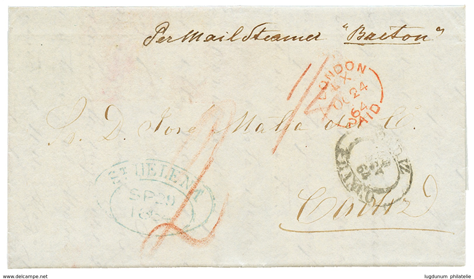 1338 STE HELENA To SPAIN : 1864 Oval Datestamp ST HELENA In Blue + "1/4" Tax Marking + LONDON + CADIZ FRANCO On Entire L - Altri & Non Classificati