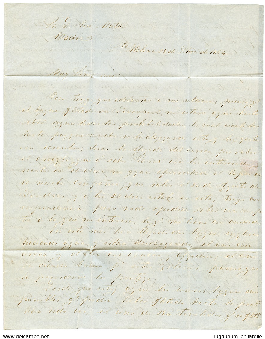 1338 STE HELENA To SPAIN : 1864 Oval Datestamp ST HELENA In Blue + "1/4" Tax Marking + LONDON + CADIZ FRANCO On Entire L - Autres & Non Classés