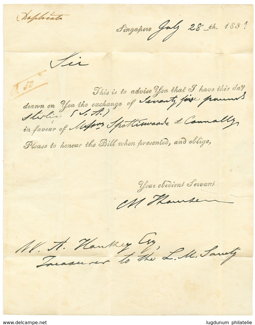 1342 STRAITS SETTLEMENTS : 1831 Boxed INDIA LETTER DOVER On Reverse Of Entire Letter From SINGAPORE To ENGLAND. Vvf. - Singapour (...-1959)