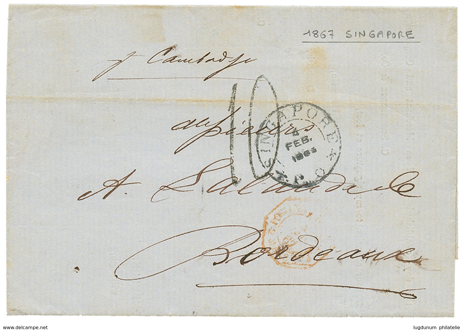1344 1867 SINGAPORE P.O + "10" Tax Marking On Entire Letter From SINGAPORE To FRANCE. Vvf. - Singapore (...-1959)