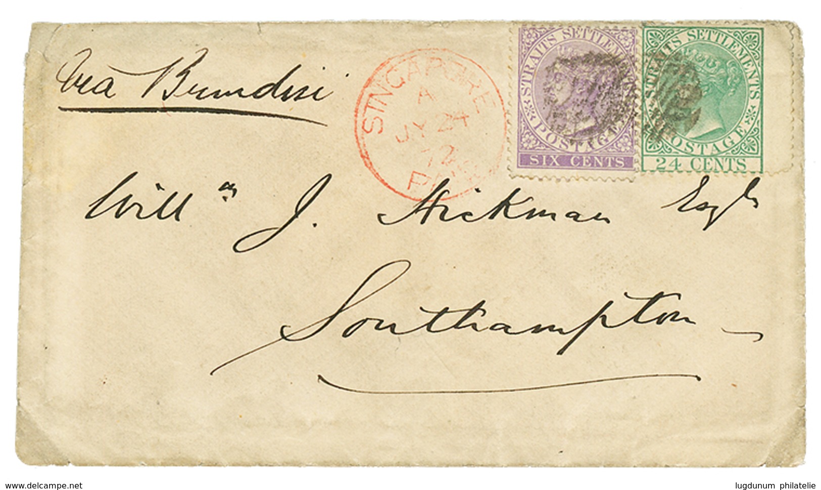 1346 1872 6c + 24c + SINGAPORE PAID In Red On Envelope To ENGLAND. Vf. - Singapore (...-1959)