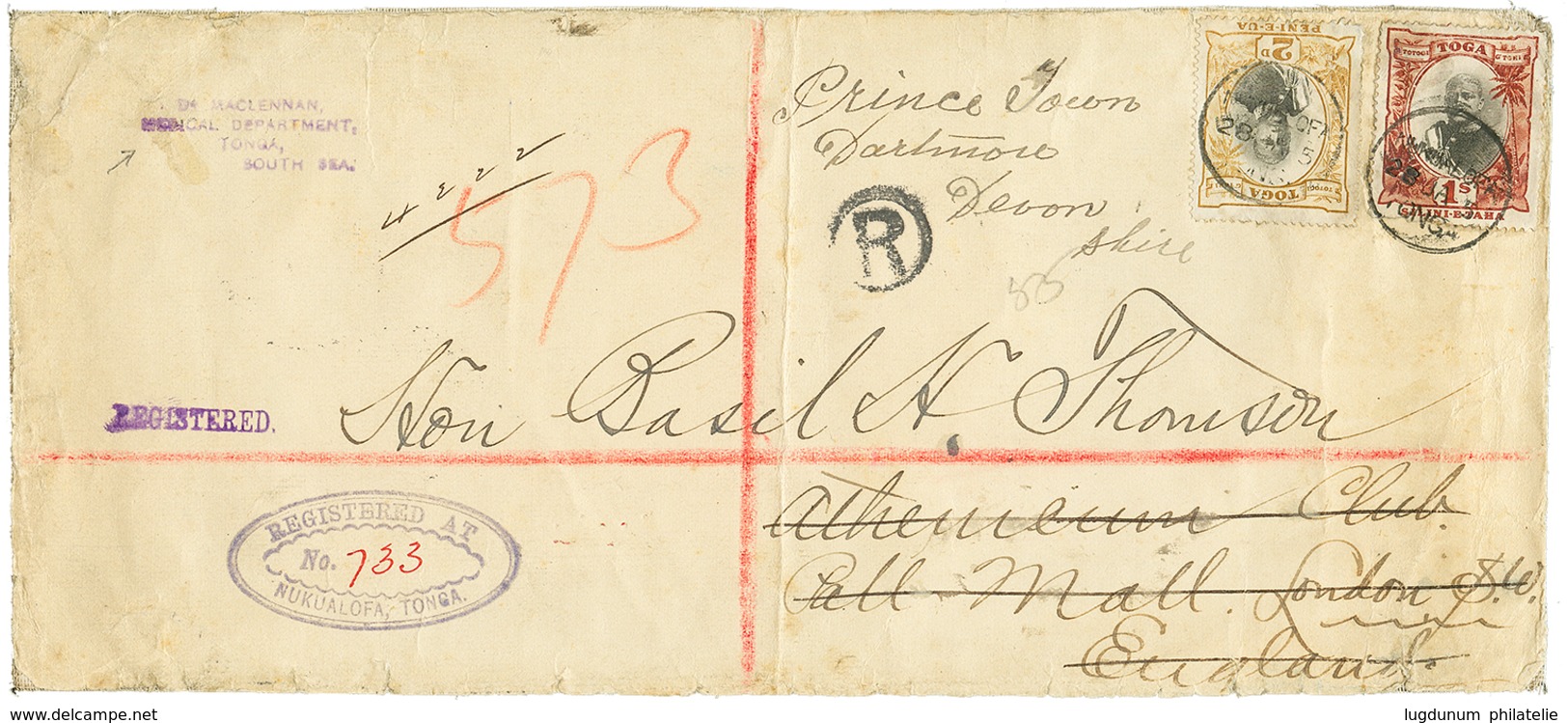 1350 TONGA : 1905 1 SHILLING(rare) + 2d Canc. NUKUALOFA On REGISTERED Envelope From MEDICAL DEPARTMENT To ENGLAND. Rare  - Tonga (...-1970)