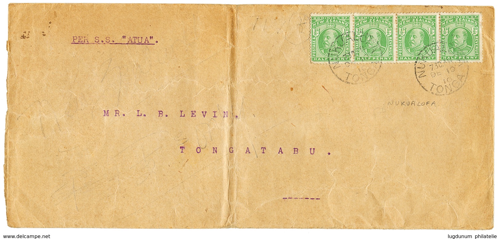 1351 1910 NEW ZEALAND 1/2d(x4) Canc. NUKUALOFA TONGA + "S.S ATUA" On Envelope To TONGATABU. Scarce. Vf. - Tonga (...-1970)