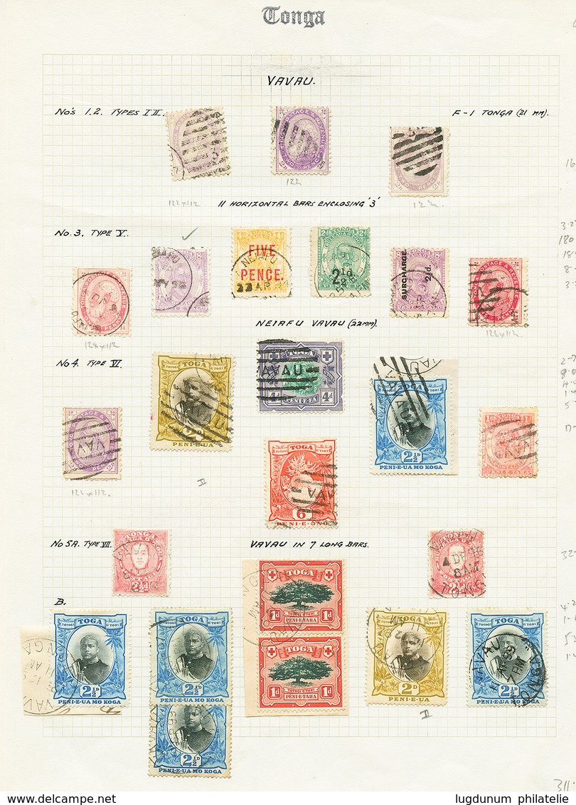 1353 TONGA - Study Of Cancelations : Collection Of 172 Classic Stamps On Exhibition Pages With Small P.O, Maritime & FOR - Tonga (...-1970)