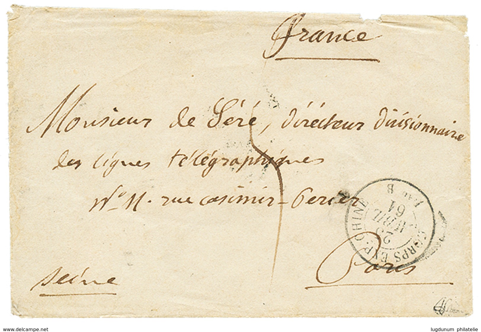 1355 CHINA - FRENCH EXPEDITION : 1861 CORPS EXP. CHINE Bau B + "5" Tax Marking On Envelope With Full Text Datelined "TIE - Autres & Non Classés