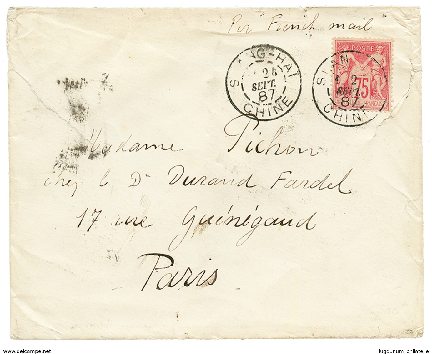 1356 CHINA : 1887 FRANCE 75c SAGE(n°81) Canc. SHANG-HAI CHINE On Envelope To FRANCE. Verso, CUSTOMS SHANGHAI. Very Rare  - Other & Unclassified