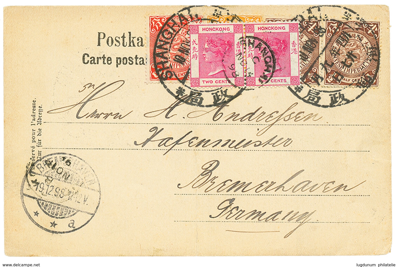 1357 1898 CHINA 1/2c(x2)+ 1c+ 2c Canc. SHANGHAI + HONG-KONG 2c(x2) On Card To GERMANY. Superb. - Other & Unclassified