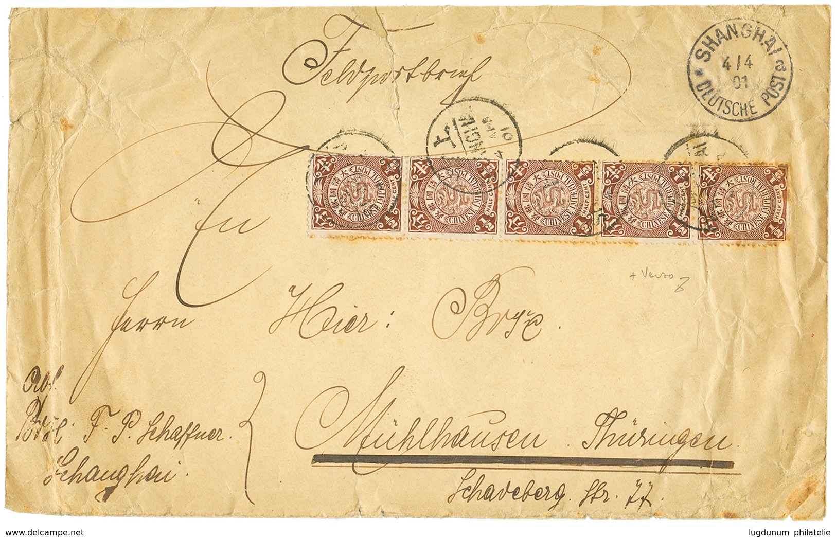 1359 1901 CHINA 1/2c(x5) + SHANGHAI DEUTSCHE POST On Envelope(fault) To GERMANY. Verso, Rare Negativ Cachet KAISERL. DEU - Autres & Non Classés