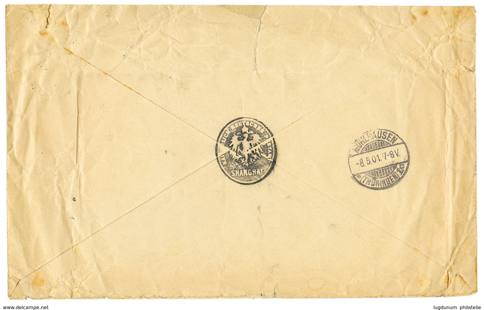 1359 1901 CHINA 1/2c(x5) + SHANGHAI DEUTSCHE POST On Envelope(fault) To GERMANY. Verso, Rare Negativ Cachet KAISERL. DEU - Autres & Non Classés