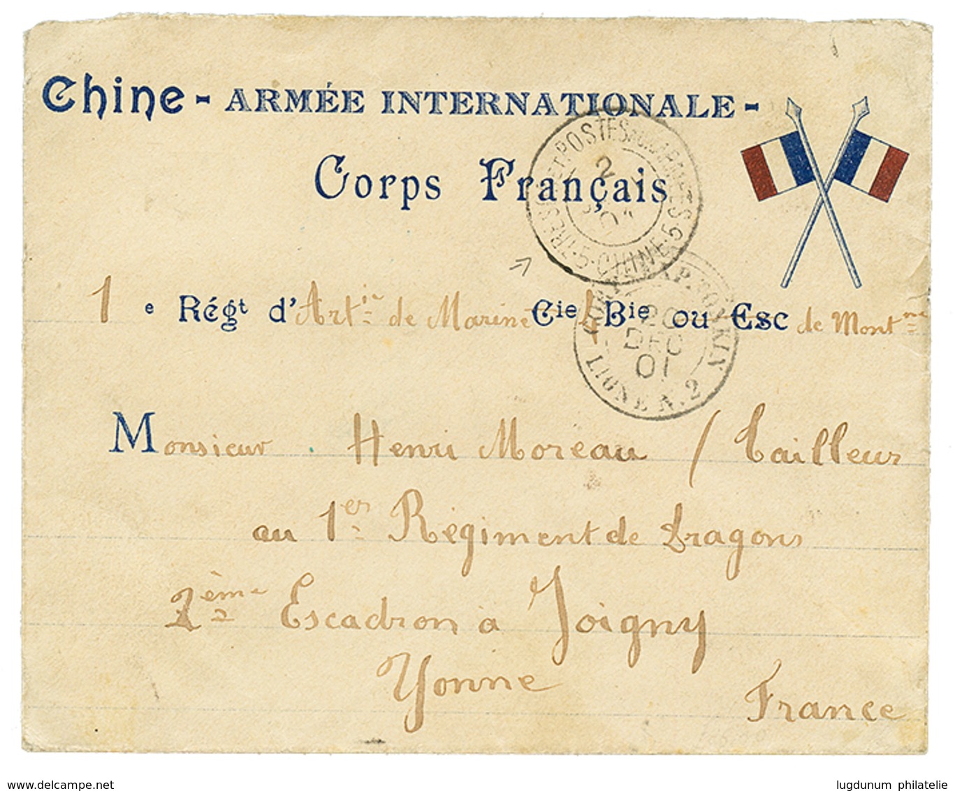 1360 1901 TRESOR ET POSTES AUX ARMEES 5 CHINE 5 On Illustrated Envelope (FLAGS) To FRANCE. RARE. Vvf. - Andere & Zonder Classificatie