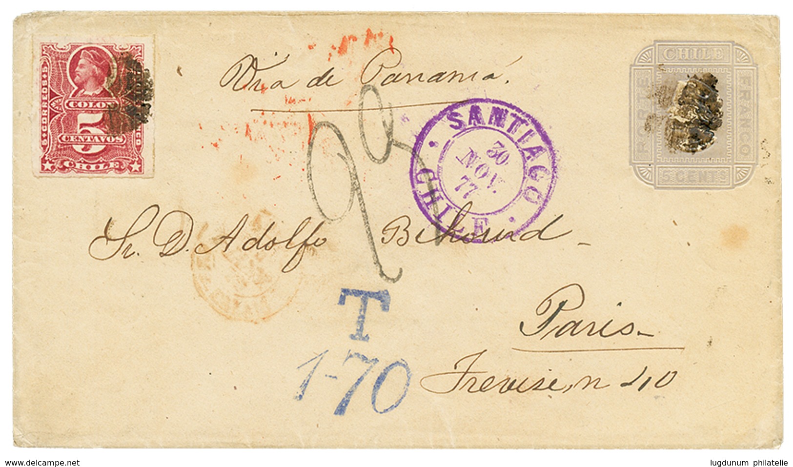 1368 1877 P./Stat 5c + 5c + SANTIAGO CHILE + "T/1-70" Exchange Marking Via PANAMA To FRANCE. Vvf. - Chile