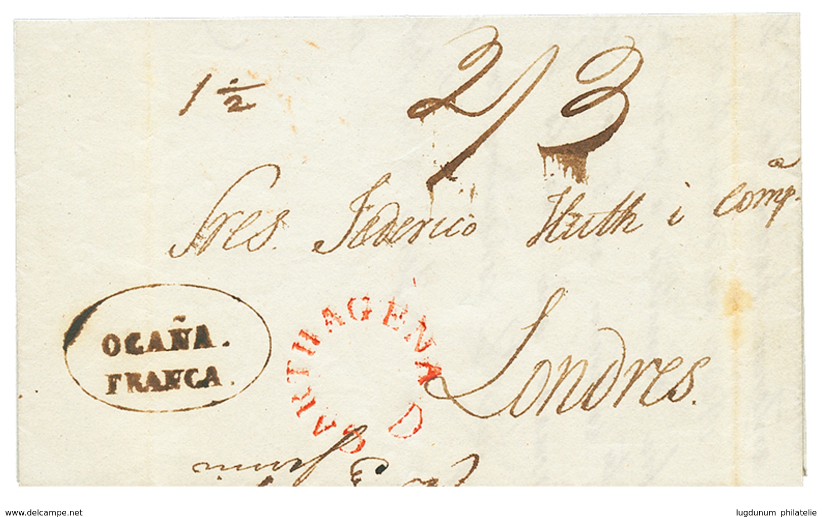 1369 1844 OCANA FRANCA + British CARTHAGENA In Red + KINGSTON JAMAICA (verso) On Entire Letter From OCANA To ENGLAND. Su - Colombie