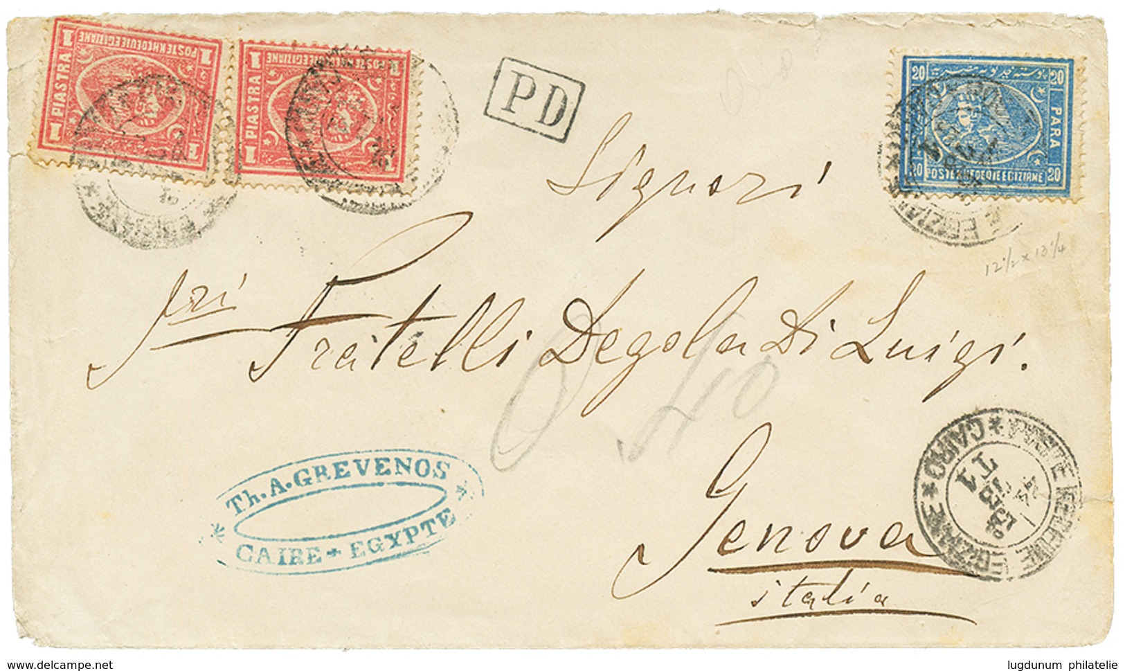 1379 1873 20p Blue + 1P(x2) Canc. POSTE KHEDEUVE EGIZIANE CAIRO On Envelope To ITALY. Vvf. - Andere & Zonder Classificatie