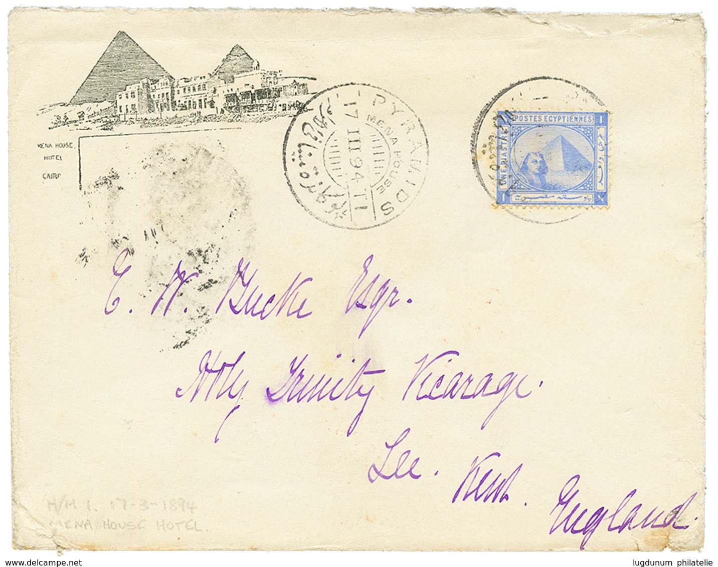 1383 HOTEL : 1894 1P Canc. PYRAMIDS MENA HOUSE On Illustrated Envelope To ENGLAND. Scarce. Vvf. - Sonstige & Ohne Zuordnung