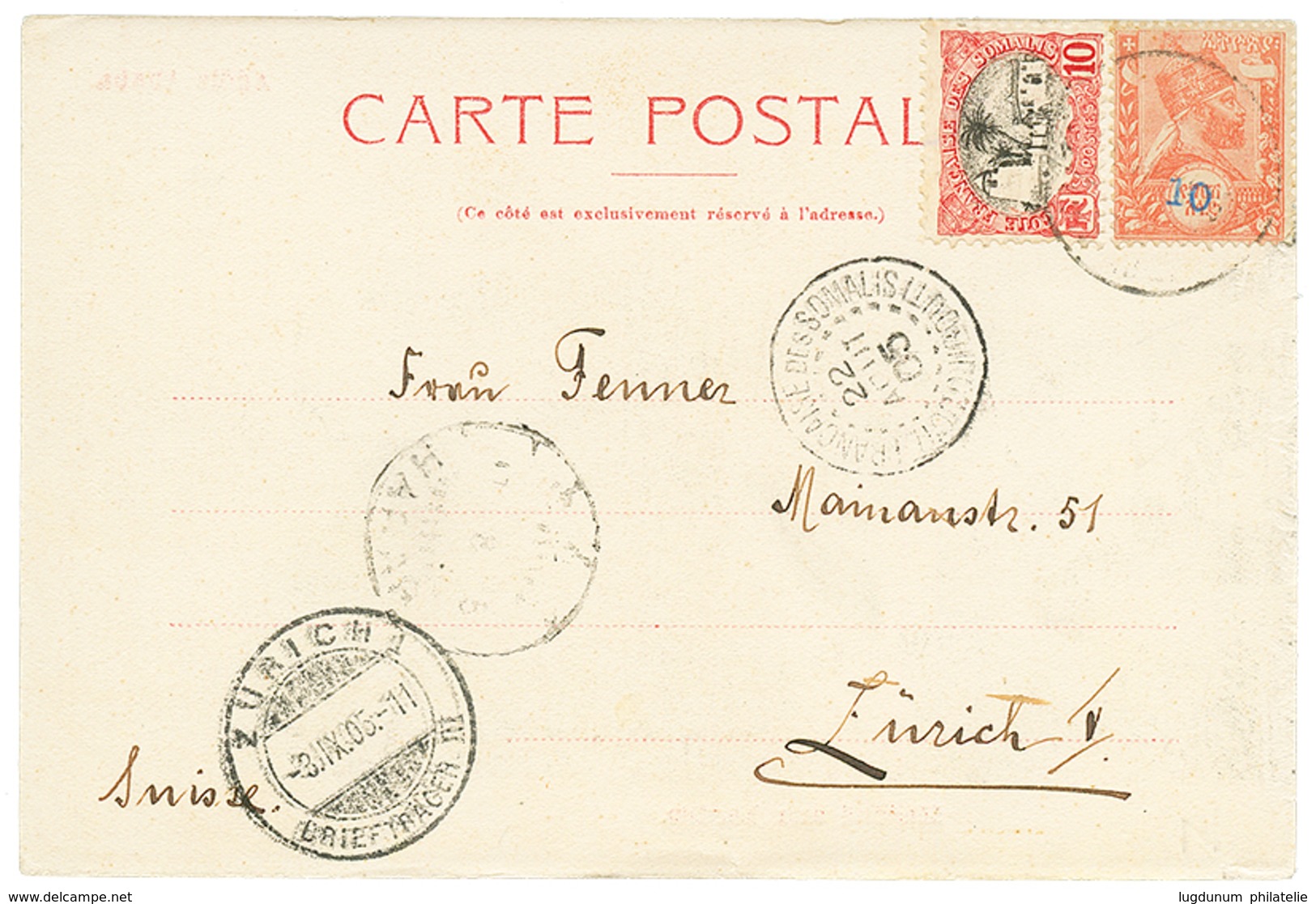 1384 1905 ETHIOPIA 10 On 1/2g + SOMALI COAST 10c Canc. HARRAR On Card Via DJIBOUTI To SWITZERLAND. Vf. - Äthiopien