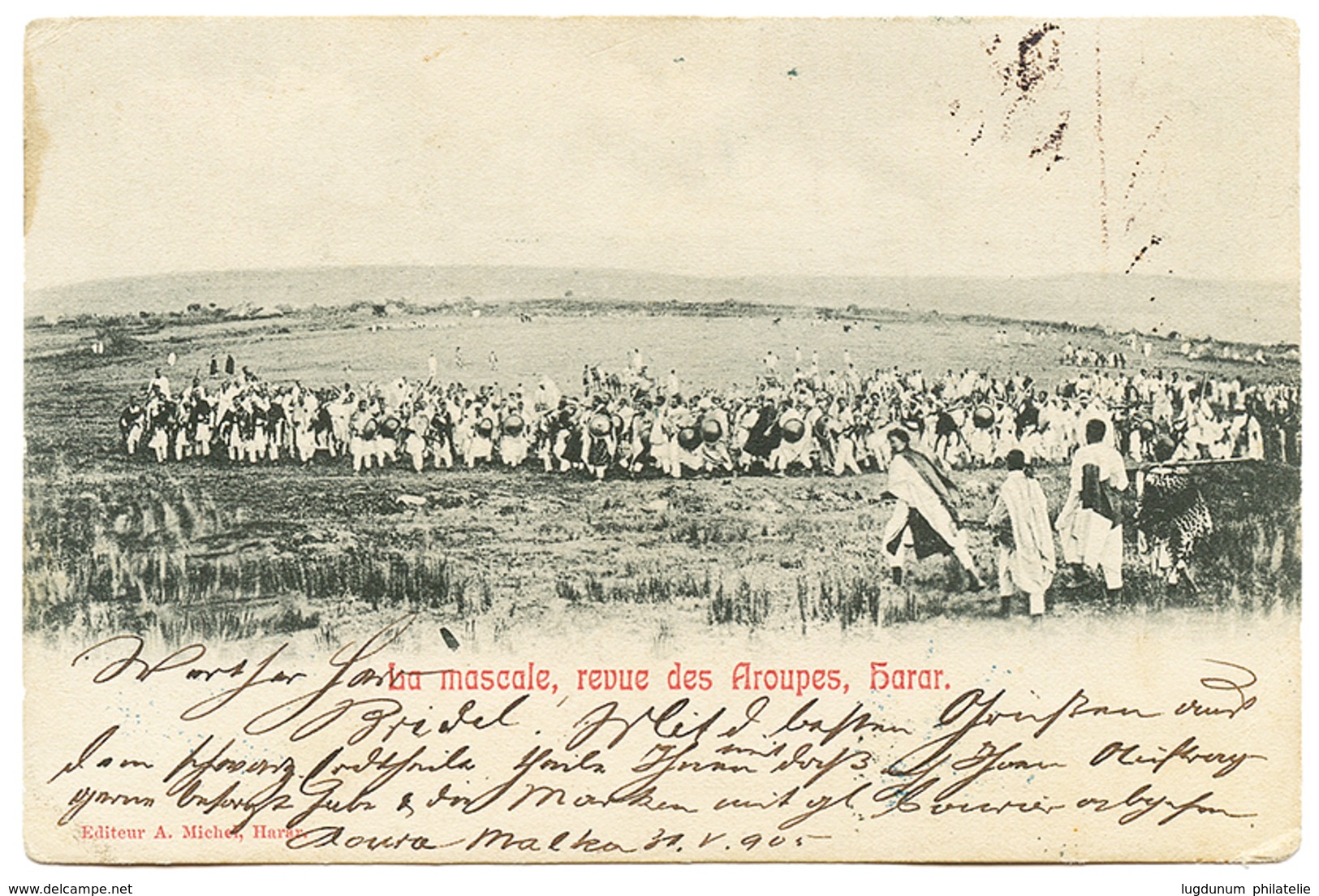 1385 1905 ETHIOPIA 20 On 2g Canc. ADIS-ABEBA + SOMALI COAST 1c+ 10c Canc. DJIBOUTI On Card To SWITZERLAND. Vf. - Ethiopie
