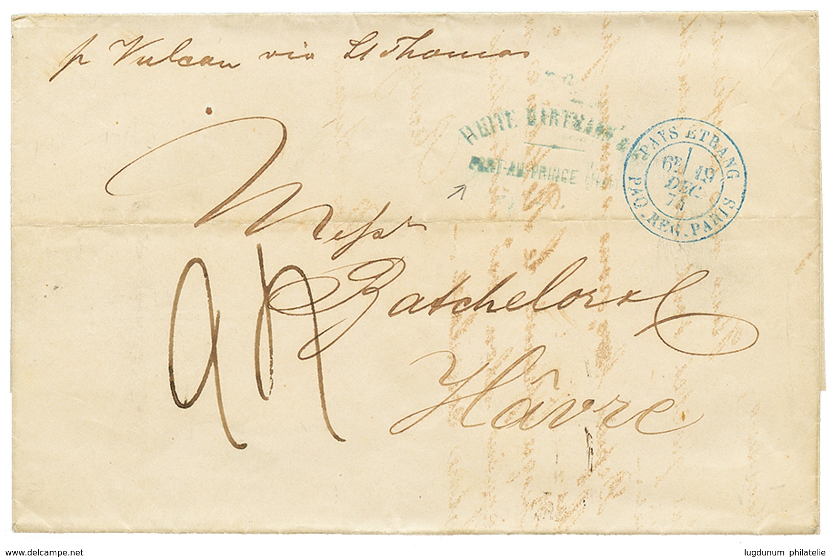 1390 HAITI : 1874 Rare Blue Entry Mark PAYS ETRANG. PAQ REG. PARIS + "24" Tax Marking On Cover From PORT AU PRINCE Via S - Haiti