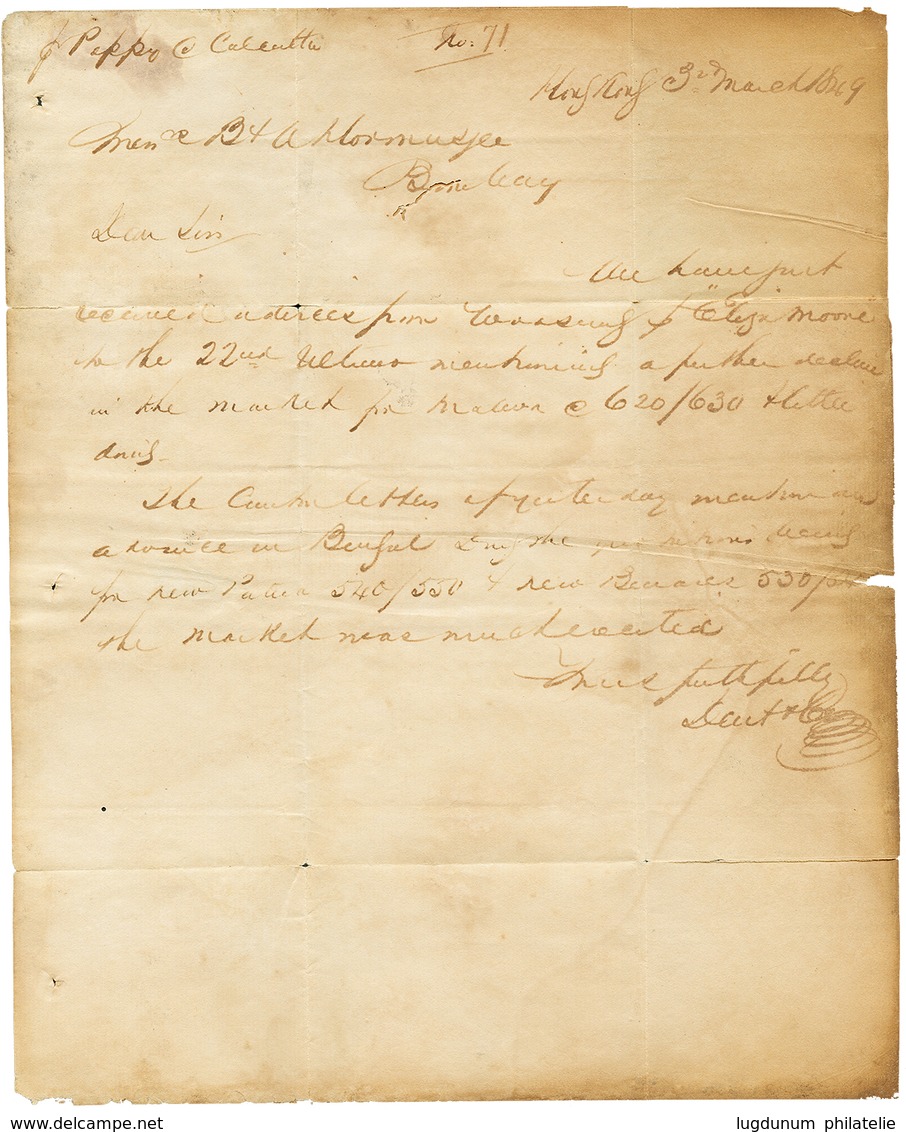 1392 "HONG-KONG To INDIA" : 1849 GPO/A.M On Entire Letter From HONG-KONG To BOMBAY (INDIA). Verso, CALCUTTA/ SHIP LETTER - Andere & Zonder Classificatie