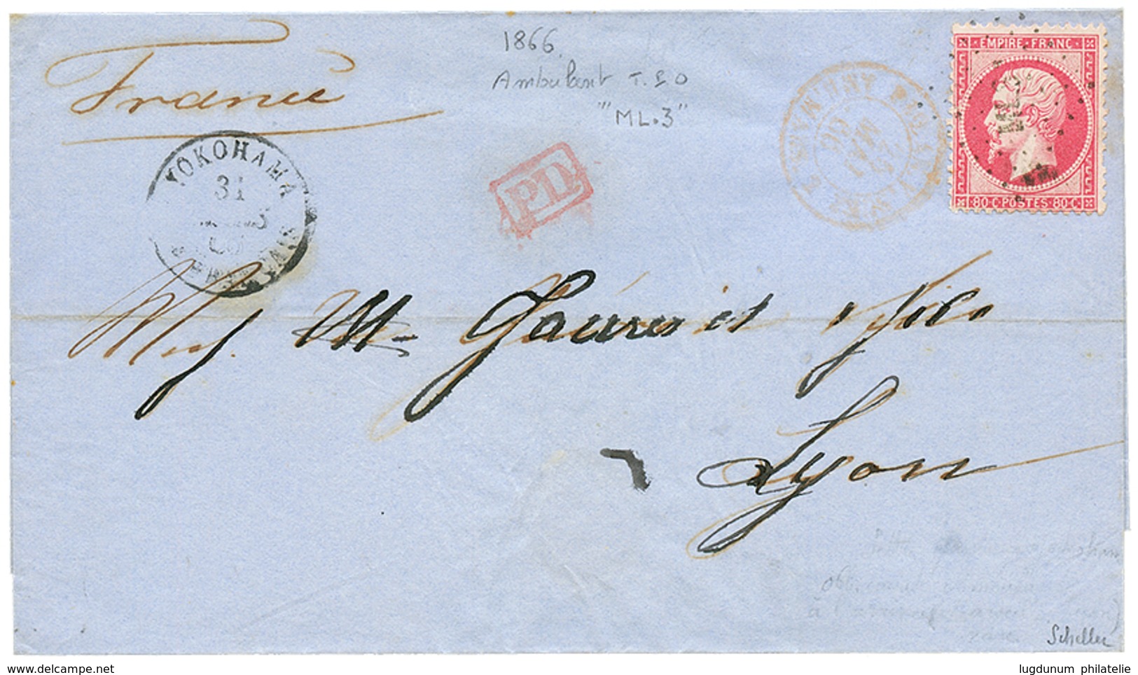 1394 Rare Combination YOKOHAMA + French Railway T.P.O : 1866 FRANCE 80c Canc. ML.3 + YOKOHAMA Bau FRANCAIS 31 Mars 66 +  - Sonstige & Ohne Zuordnung