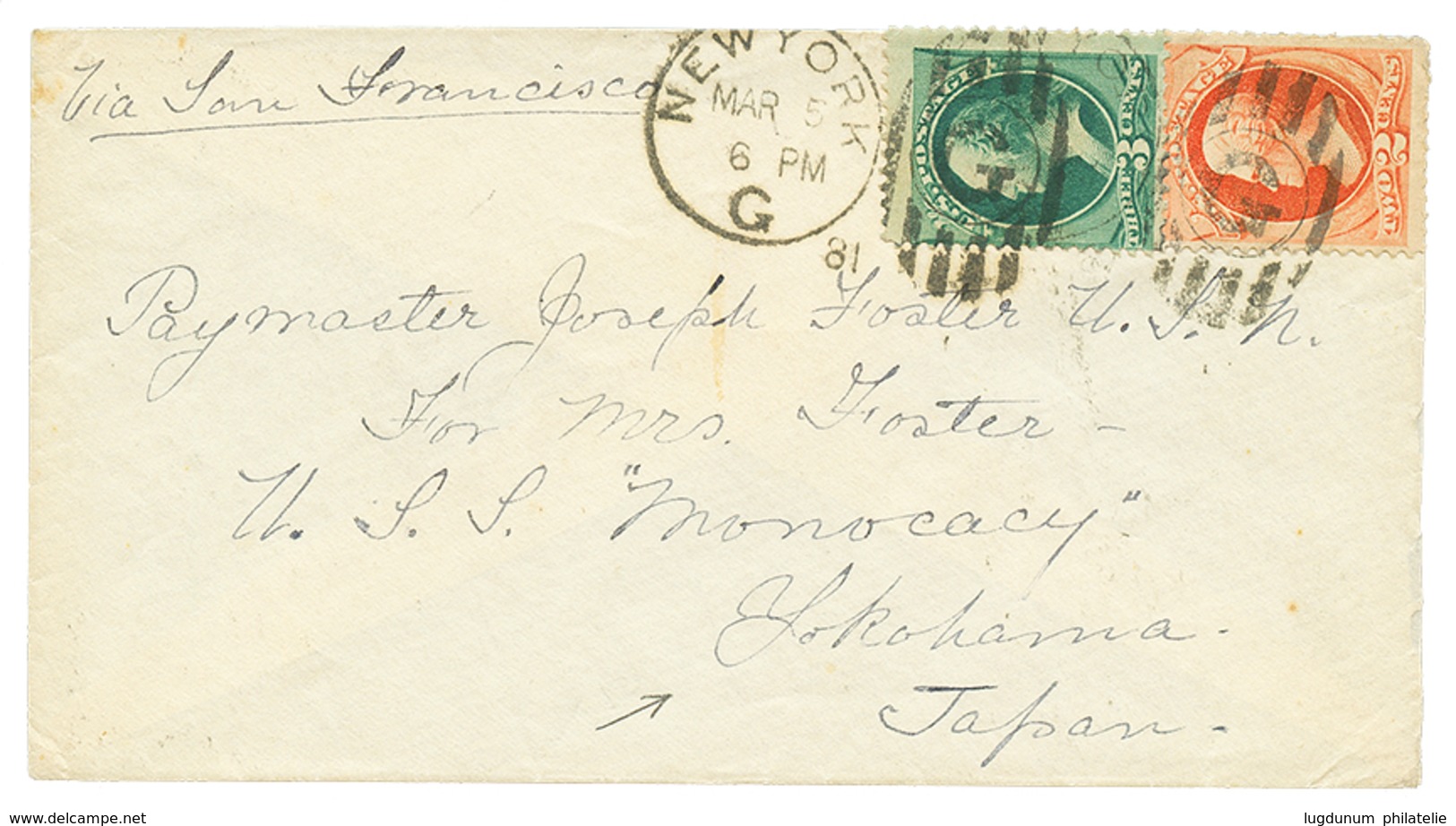 1395 1881 USA 2c + 3c On Envelope From NEW YORK To "U.S.S MONOCACY", YOKOHAMA JAPAN. Superb Arrival Cds YOKOHAMA On Reve - Autres & Non Classés