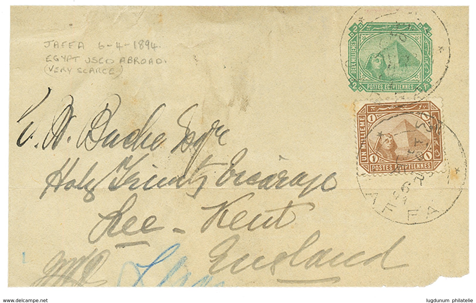 1402 EGYPT Used Abroad (PALESTINE ) : 1894 EGYPT Front Of Postal Stationery 2m + 1m Canc. Bilingual Cachet JAFFA To ENGL - Palestine