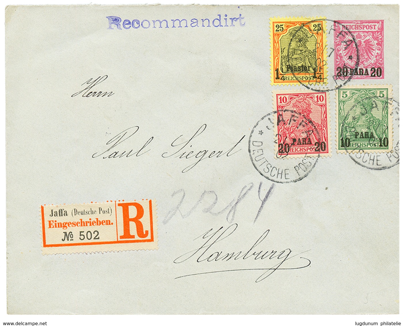 1405 1902 GERMAN LEVANT P./Stat 20p + 10p+ 20p+ 1P 1/4 Canc. JAFFA Sent REGISTERED To HAMBURG. Vvf. - Palestina