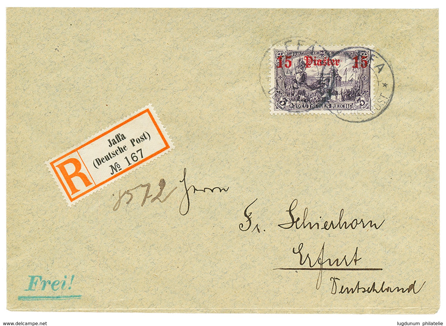 1406 JAFFA - GERMAN P.O : 1906 15 P On 3 MARK Canc. JAFFA On REGISTERED Envelope To GERMANY. Signed BOETHE. Vf. - Palästina