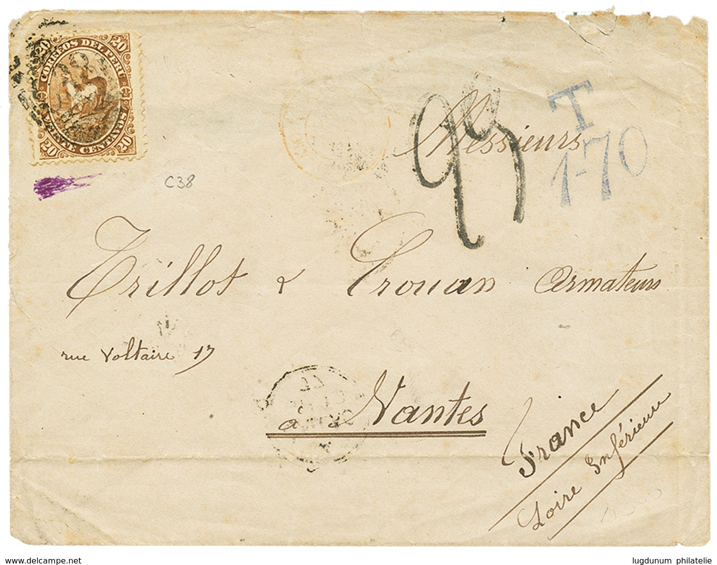 1412 1877 PERU 20c Canc. British Killer C38 + "T/1-70" Tax Marking On Cover From CALLAO To FRANCE. Vf. - Pérou