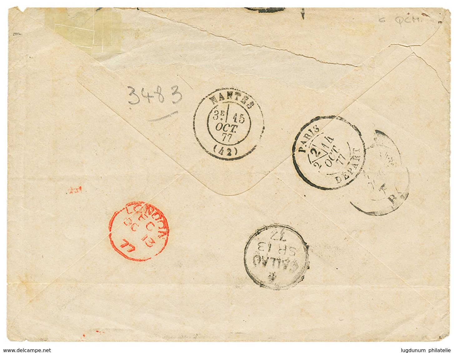 1412 1877 PERU 20c Canc. British Killer C38 + "T/1-70" Tax Marking On Cover From CALLAO To FRANCE. Vf. - Pérou