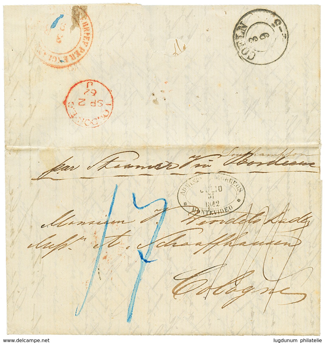 1417 "NUEVA MEHLEM" : 1862 ADMON CORREOS MONTEVIDEO On Entire Letter From NUEVA MEHLEM To GERMANY. Vvf. - Uruguay