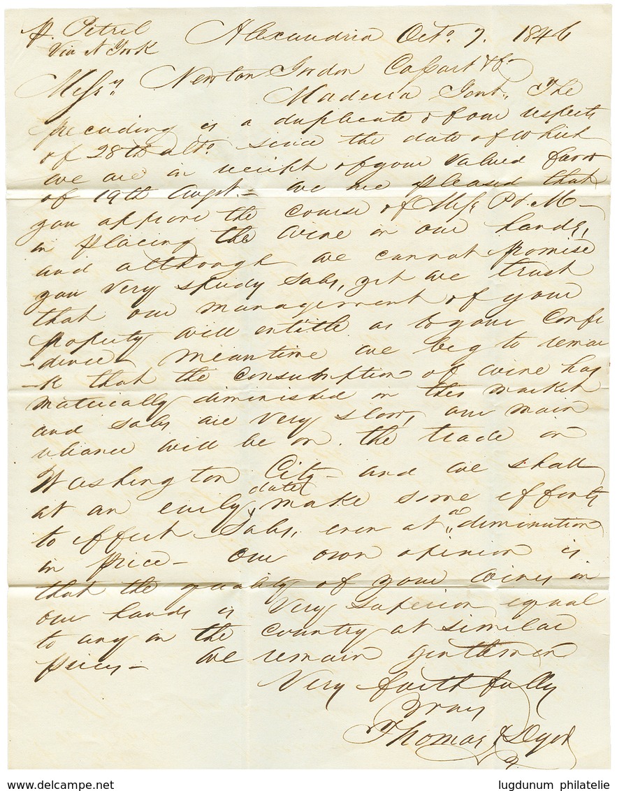 1421 "ALEXANDRIA" : 1846 "160" Blue Portuguese Tax Marking On Entire Letter From "ALEXANDRIA" To MADEIRA. RARE. Superb. - Autres & Non Classés