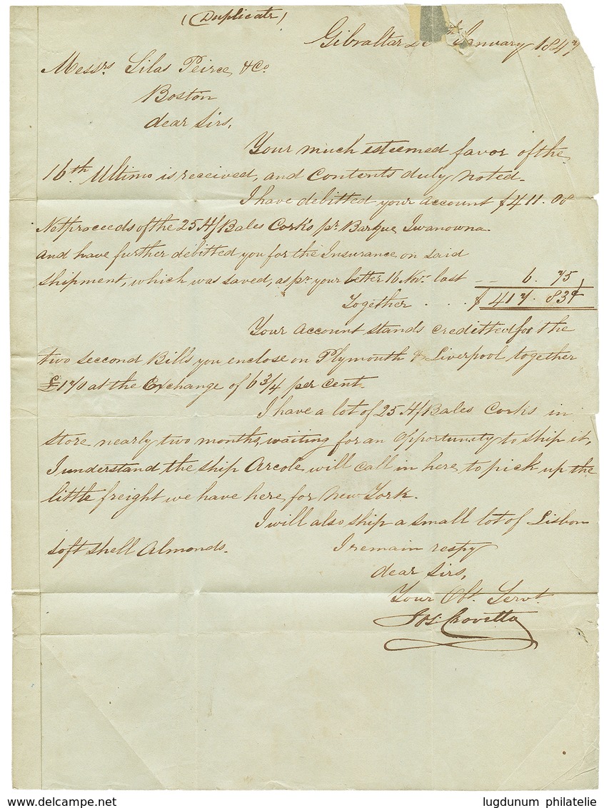 1422 1847 NEW YORK/SHIP/7cts Red On Entire Letter From GIBRALTAR To BOSTON. Vvf. - Other & Unclassified