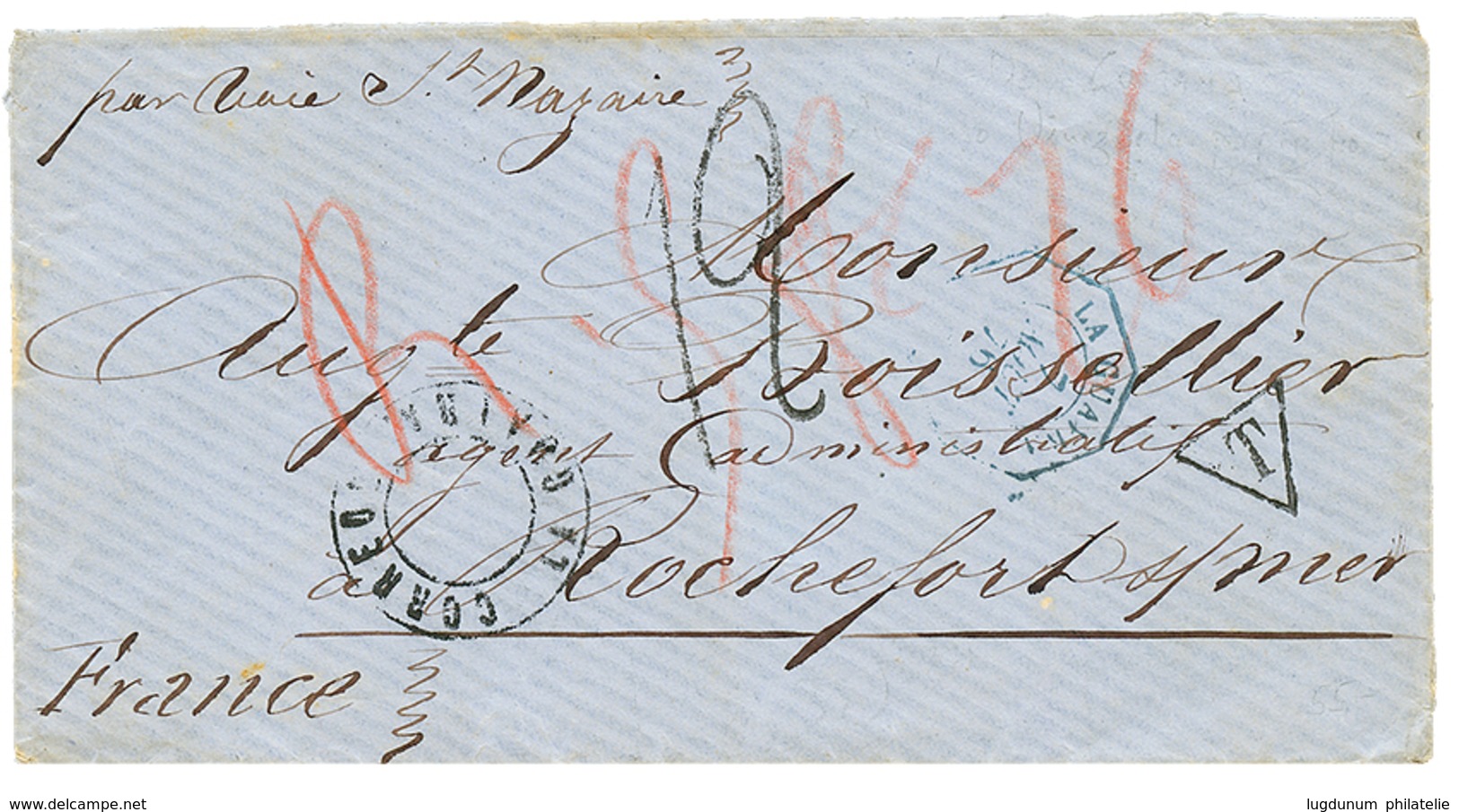 1428 "CUMANA" : 1875 LA GUAYRA + "12" Tax Marking On Envelope From CUMANA To FRANCE. Verso, Commercial Cachet CUMANA + V - Venezuela