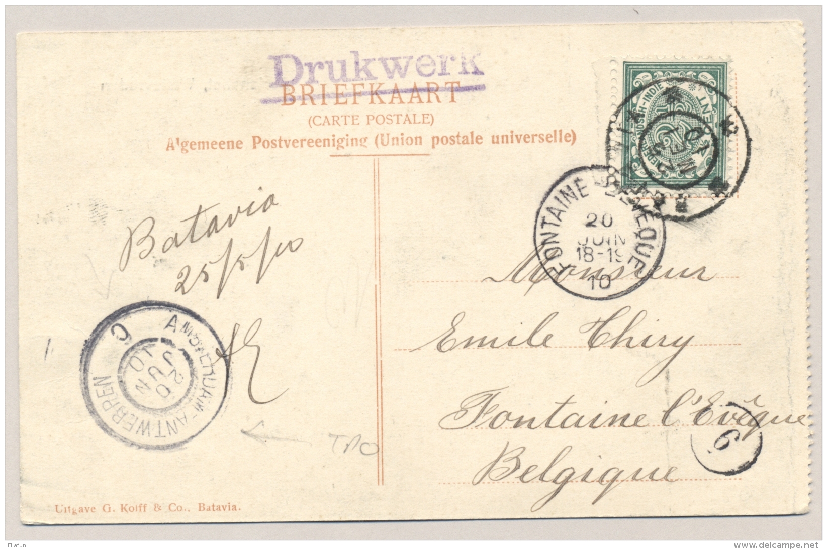 Nederlands Indië - 1910 - 2,5 Cent Cijfer, Ansicht GR BATAVIA Via GR A'dam-Antwerpen Naar België - Kolff / Molenvliet - Nederlands-Indië