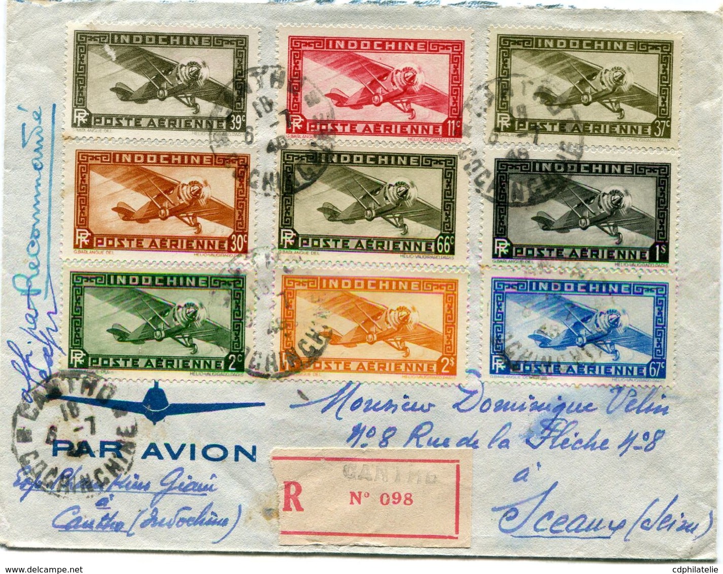 INDOCHINE LETTRE RECOMMANDEE PAR AVION DEPART CANTHO 6-7-48 COCHINCHINE POUR LA FRANCE - Lettres & Documents