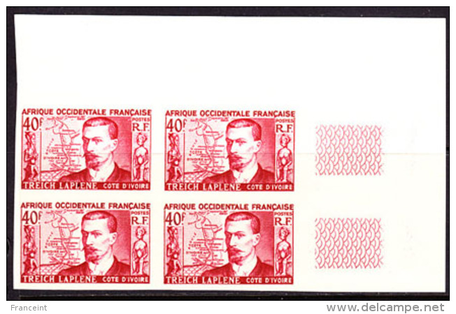 AOF (1952) Treich Laplene. Map Of Area. Imperforate Corner Block Of 4.  Scott No 58, Yvert No 47. Founder Of Ivory Coast - Other & Unclassified