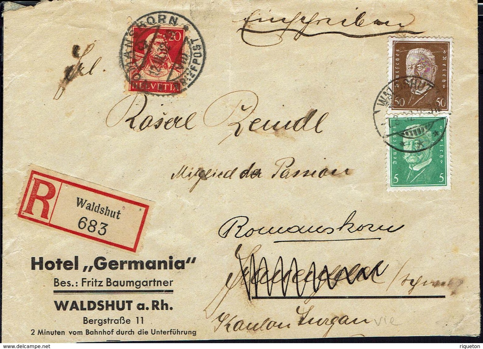 ALLEMAGNE - 1932 - Affr. Mixte Sur Enveloppe Recommandée De Waldshut Pour Frauenfeld - Redirigée Vers Romanshorn (Suisse - Lettres & Documents